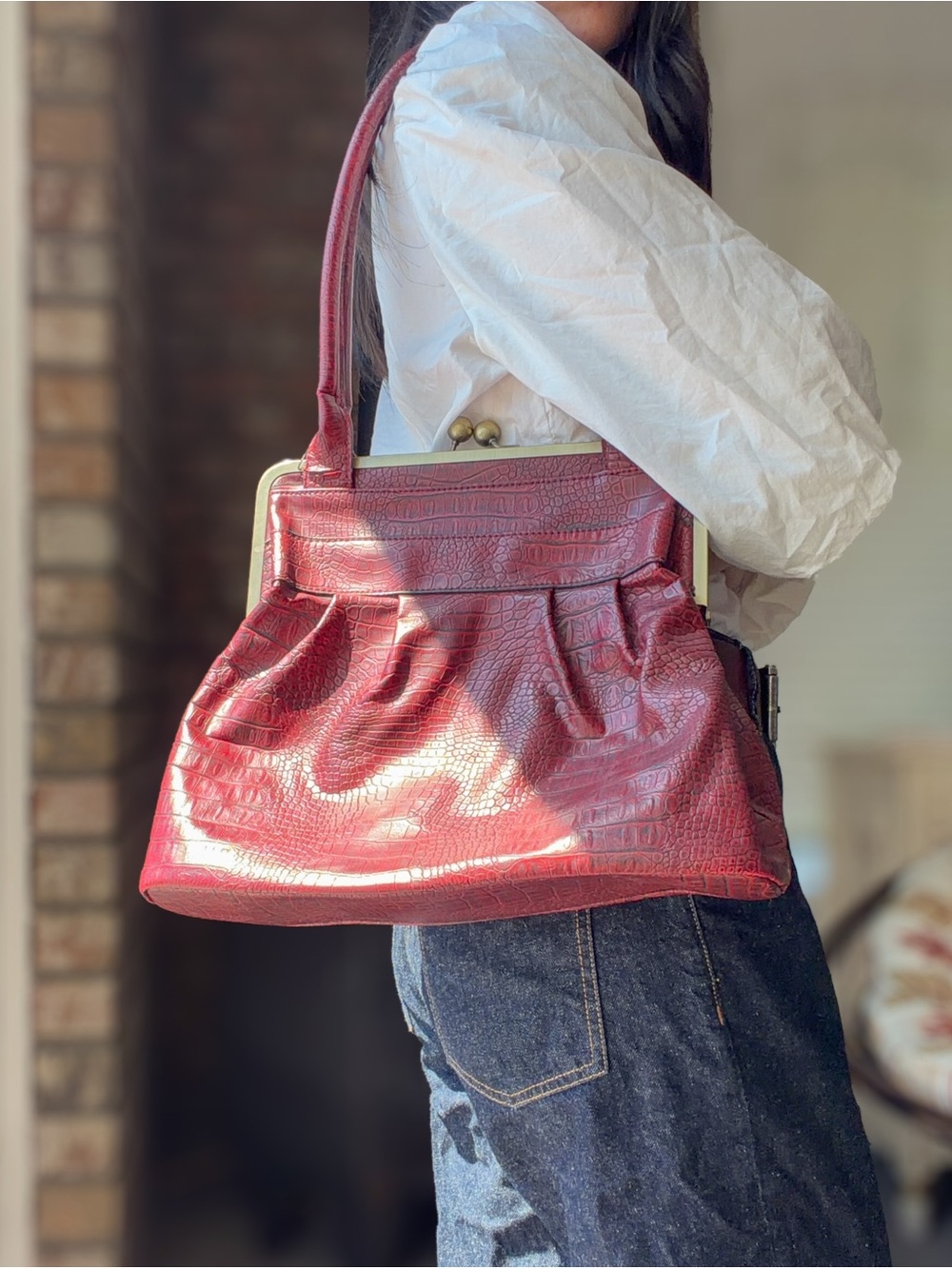 Red Burgundy Crocodile Embossed Faux Leather Shoulder Bag with Clutch Closure